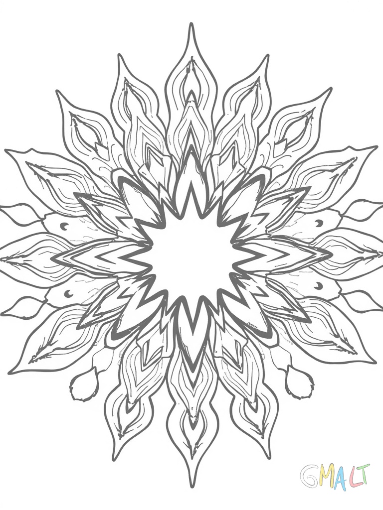 Ein Feuer-Mandala mit Glumanda im Zentrum. Seine Flamme formt einen leuchtenden Stern. Acht kleine Feuerbälle ordnen sich kreisförmig um ihn herum an und kleine Funken füllen die Zwischenräume.