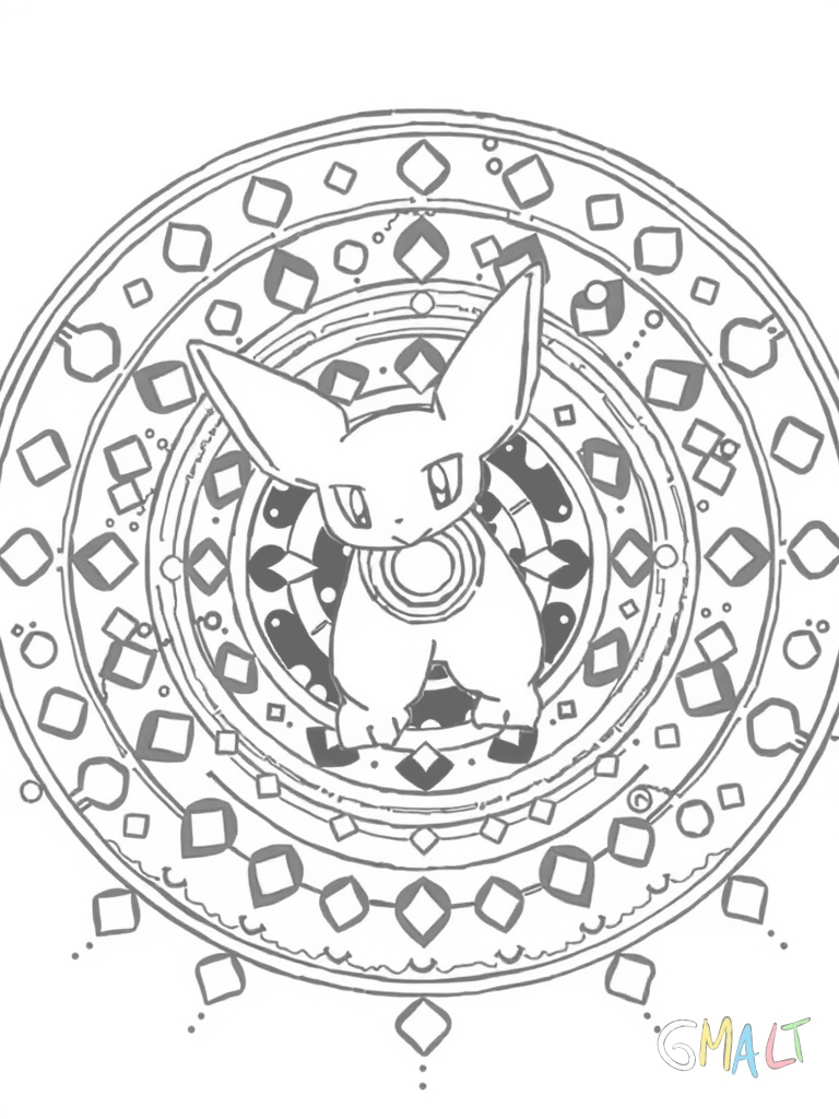 Ein Nacht-Mandala mit Nachtara im Mittelpunkt. Seine leuchtenden Ringe bilden konzentrische Kreise während sich Mondsicheln und Sterne in einem regelmäßigen Muster um ihn herum anordnen.