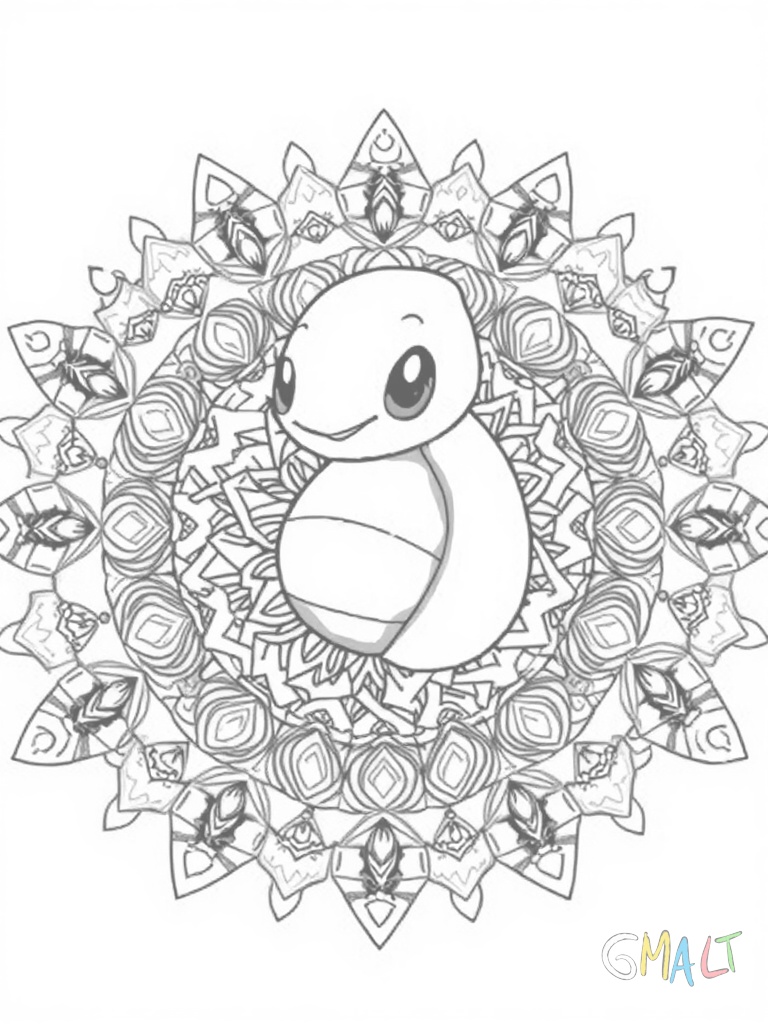 Ein Wasser-Mandala mit Schiggy als Hauptmotiv. Sein Panzer bildet das Zentrum während sich Wassertropfen und Wellenmuster spiralförmig nach außen bewegen. Kleine Schaumkronen zieren den äußeren Rand.
