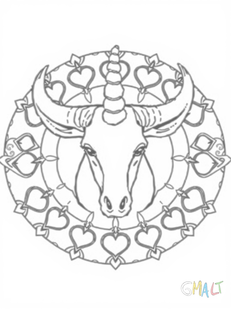 Ein Einhorn-Mandala mit einem Einhorn-Kopf in der Mitte. Die Mähne besteht aus geschwungenen Herz-Ornamenten. Der Rand wird von acht kleineren Einhörnern gebildet die alle zur Mitte blicken.