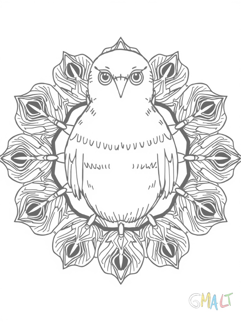 Ein Eulen-Mandala mit einer großen Eule in der Mitte die von vier kleineren Eulen umgeben ist. Die Augen der Eulen sind herzförmig. Zwischen den Eulen schweben Federn die ein sternförmiges Muster ergeben.