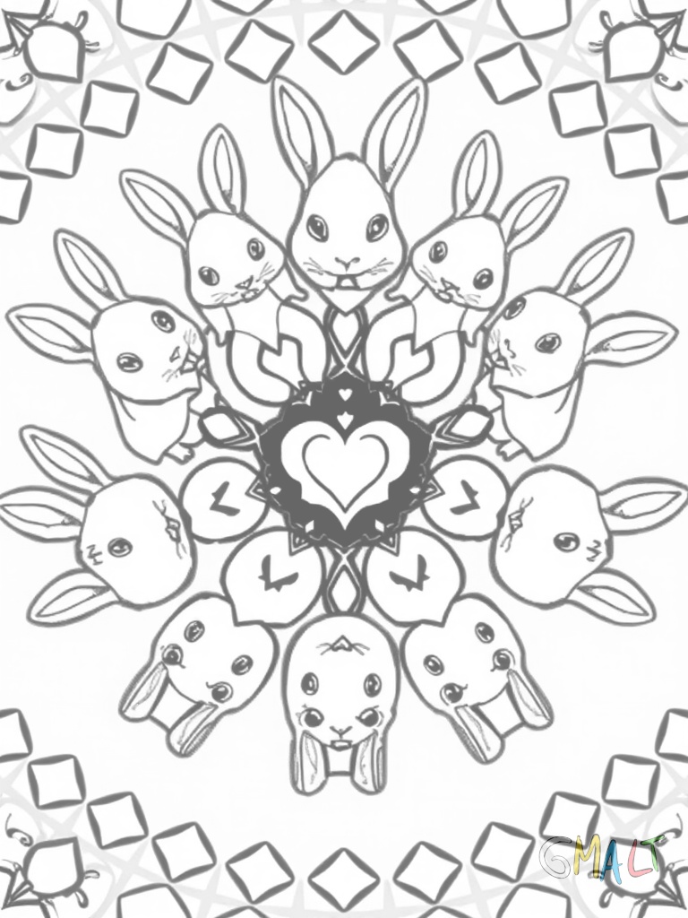 Ein Mandala aus zwölf kleinen Hasen die im Kreis hüpfen. Jeder Hase hält eine Karotte mit herzförmigen Blättern. Die langen Ohren der Hasen bilden verschlungene Muster zum Rand hin.