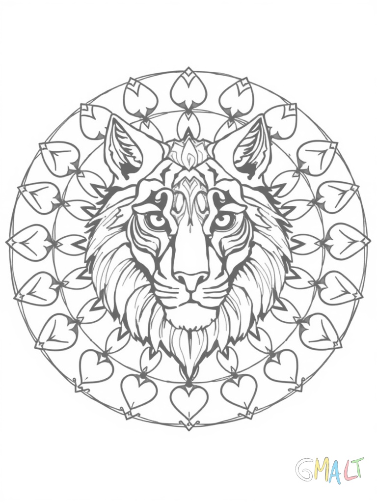 Ein großes rundes Mandala mit einem Löwen im Zentrum. Um den Löwenkopf herum sind symmetrisch angeordnete Herzen. Die Mähne des Löwen besteht aus geschwungenen Linien die sich nach außen winden. Zwischen den Herzen befinden sich kleine Pfoten-Muster.