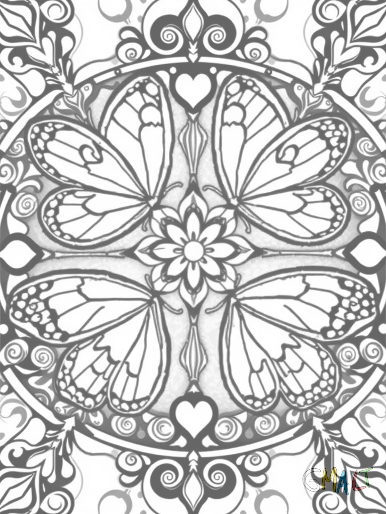 Ein Schmetterlings-Mandala bei dem vier große Schmetterlinge ein Kreuz bilden. Die Flügel sind mit Herzmustern verziert. In der Mitte treffen sich die Schmetterlinge in einem Blütenornament. Die Fühler der Schmetterlinge bilden spiralförmige Muster.