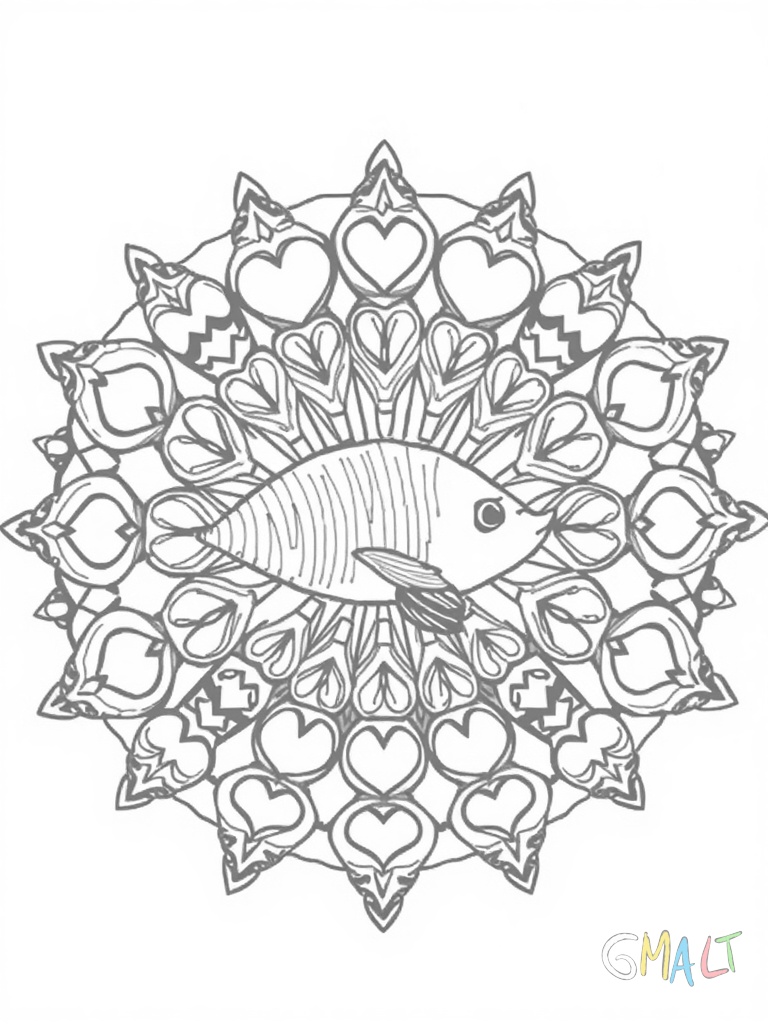 Ein Unterwasser-Mandala mit einem Seepferdchen im Zentrum. Acht Herzmuscheln sind kreisförmig um das Seepferdchen angeordnet. Kleine Luftblasen steigen in symmetrischen Mustern nach oben.