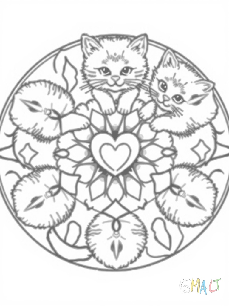 Ein Mandala aus sechs spielenden Kätzchen die im Kreis angeordnet sind. Jedes Kätzchen jagt einen Wollknäuel in Herzform. Die Schwänze der Kätzchen bilden geschwungene Linien die sich zum Rand hin verjüngen.
