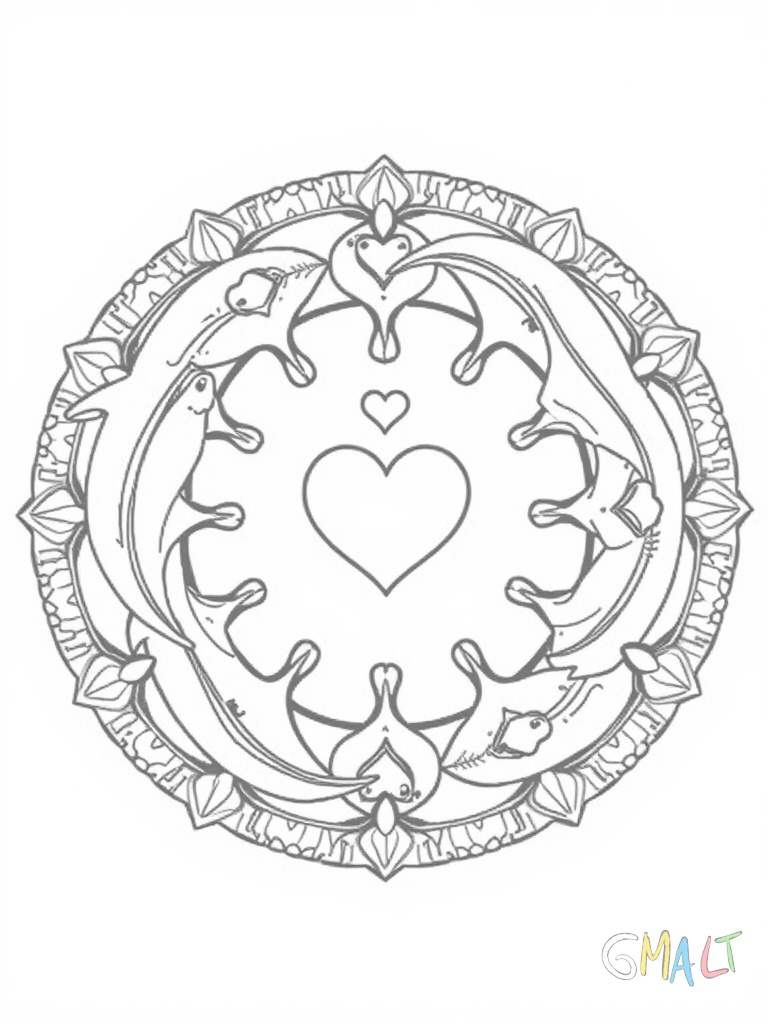 Ein kreisförmiges Mandala aufgebaut aus acht tanzenden Delfinen. Die Delfine springen in einem Ring und ihre Schwanzflossen berühren sich. In den Zwischenräumen schweben kleine Herzformen. Der äußere Rand wird von Wassertropfen-Mustern geziert.