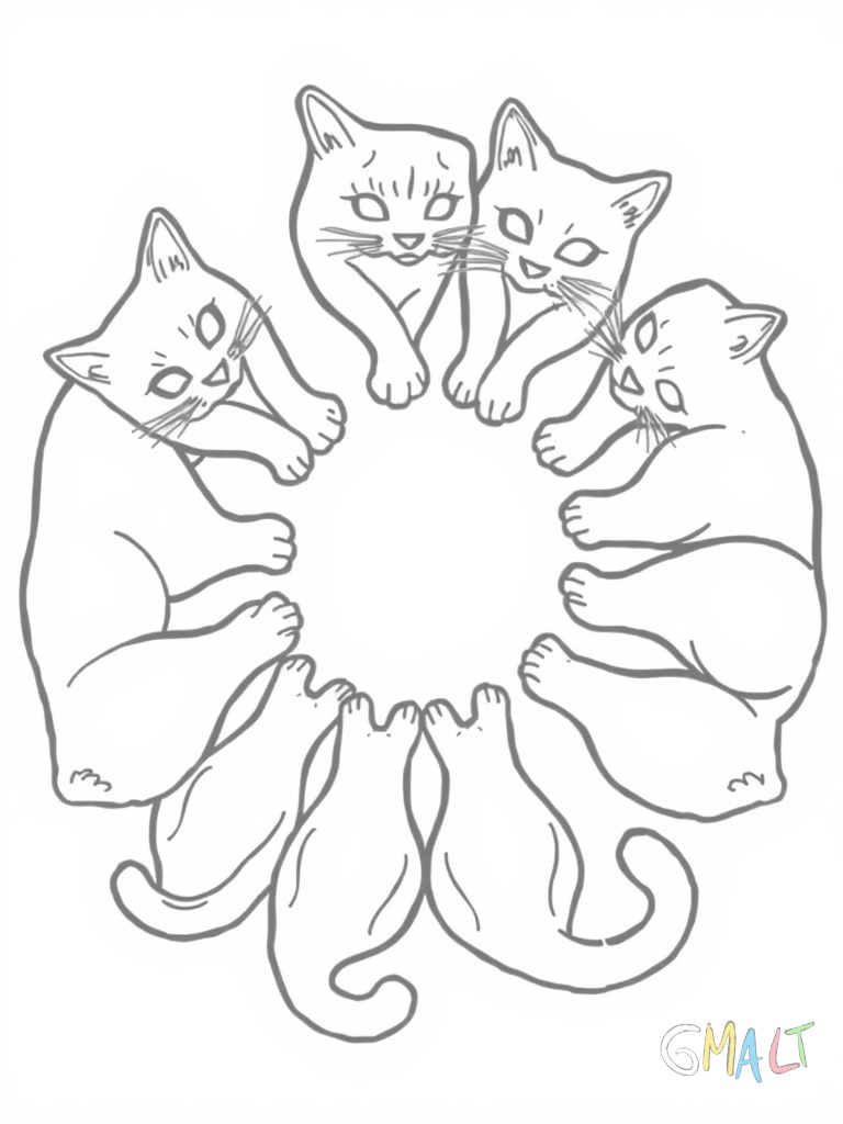 Ein Mandala aufgebaut aus acht Katzen die sich im Kreis aneinander schmiegen. Die Katzen haben lange geschwungene Schwänze die sich spiralförmig nach außen winden. Ihre Pfoten berühren sich in der Mitte.