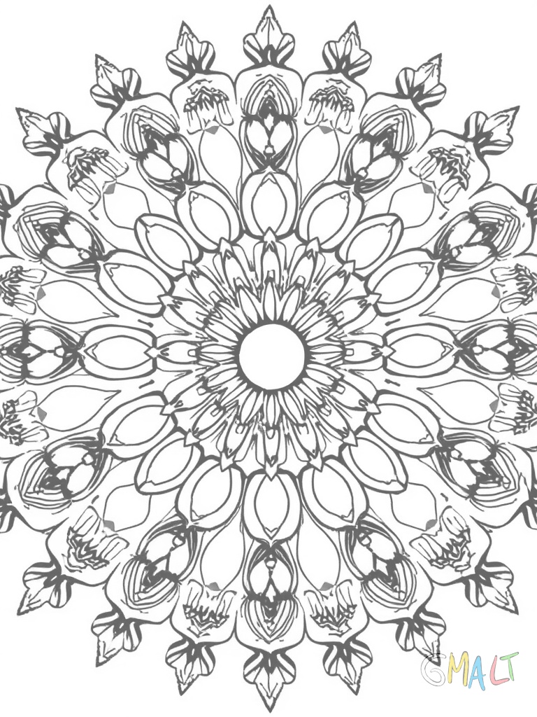 Ein Mandala mit einem Pfau in der Mitte dessen prächtiges Rad sich kreisförmig ausbreitet. Die Pfauenfedern bilden symmetrische Muster und werden von kleinen Blüten umrahmt.