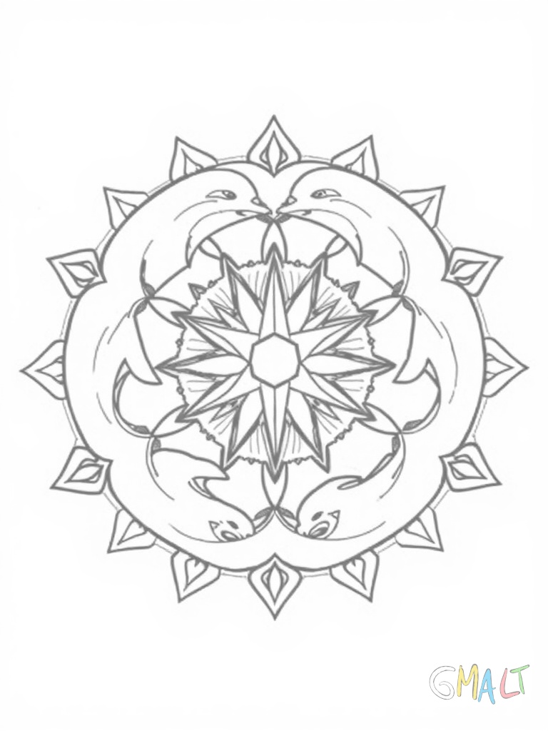 Ein Mandala bestehend aus sechs Delfinen die sich im Uhrzeigersinn um einen zentralen Stern drehen. Die Delfine springen in eleganten Bögen und ihre Schwanzflossen berühren sich.