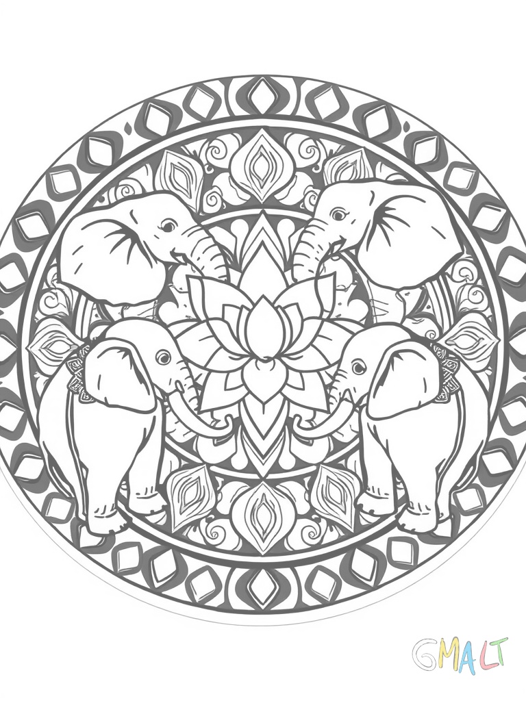 Ein kreisrundes Mandala mit vier Elefanten die mit ihren Rüsseln zur Mitte zeigen. Zwischen den Elefanten schweben stilisierte Lotusblüten. Die Elefanten tragen dekorative Decken auf ihren Rücken.