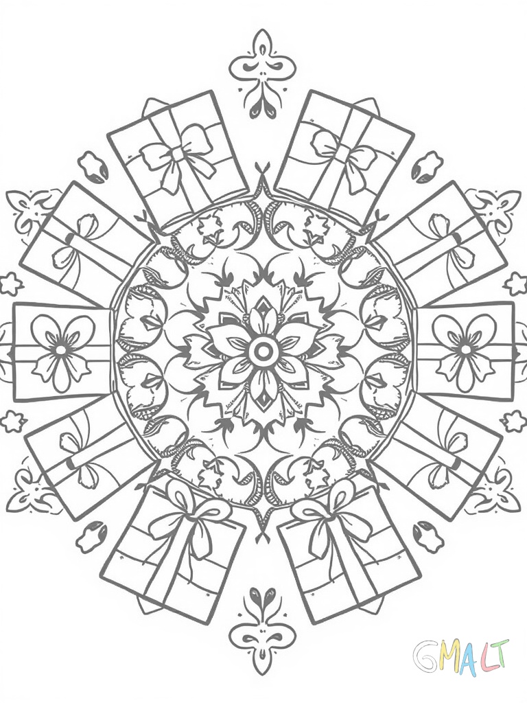 Ein Mandala bestehend aus acht Geschenkpaketen die kreisförmig angeordnet sind. Im Zentrum eine große Schleife umgeben von kleinen Schleifen und Sternen.
