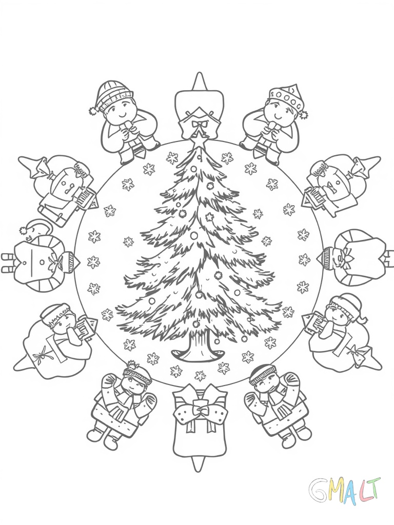 Ein Mandala aufgebaut aus acht Weihnachtsmännern die mit ihren Geschenksäcken zum Mittelpunkt zeigen. In der Mitte ein großer Tannenbaum umrahmt von Schneeflocken.