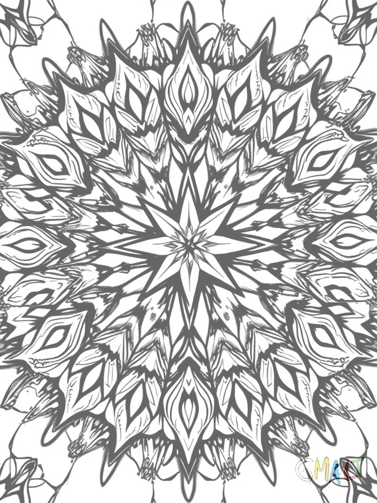 Ein symmetrisches Mandala aus Tannenbäumen die nach außen größer werden. Im Mittelpunkt ein großer Stern umgeben von kleinen Christbaumkugeln.