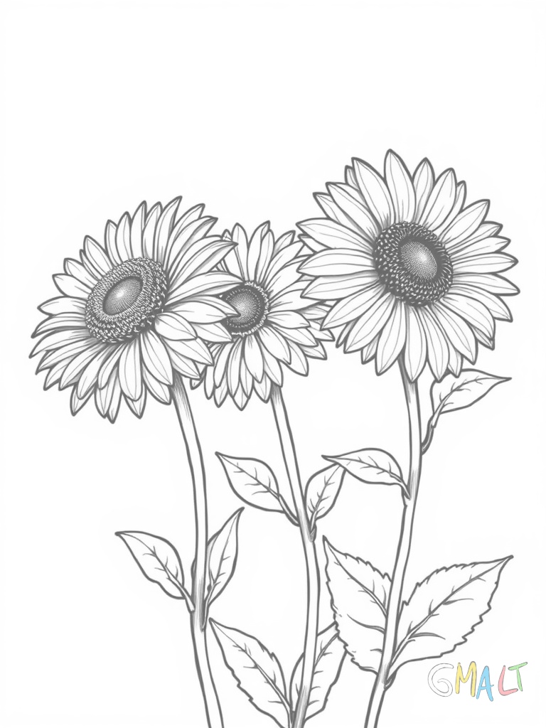 Drei unterschiedlich hohe Sonnenblumen stehen nebeneinander. Die mittlere ist am größten. Ihre runden Blütenköpfe sind nach rechts zur Sonne gedreht. An den Stielen sitzen große gezackte Blätter.