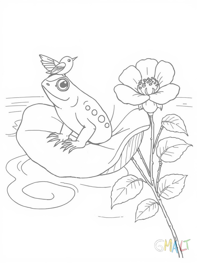 Ein Frosch sitzt auf einem großen Seerosenblatt. Das Blatt schwimmt auf der Wasseroberfläche. Daneben blüht eine Seerose mit geöffneten Blütenblättern.