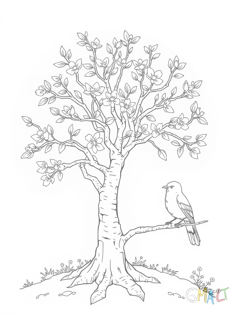 Ein Baum im Frühling steht auf einer kleinen Anhöhe. An seinen Zweigen öffnen sich erste Blütenknospen. Zwei Vögel sitzen auf unterschiedlichen Ästen.