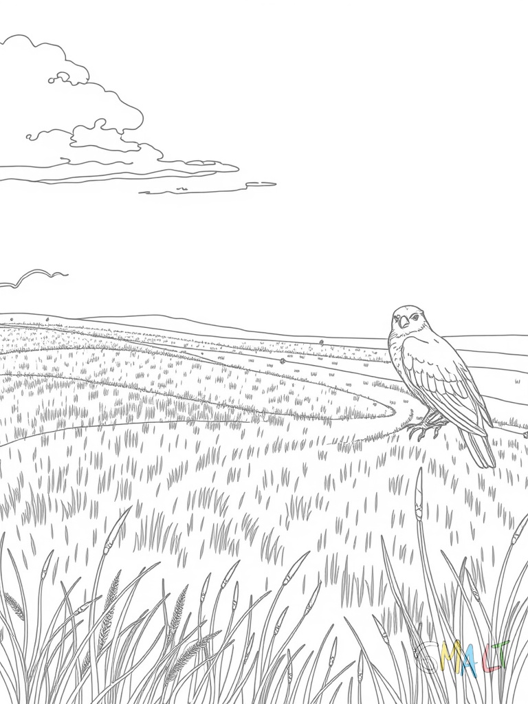 Ein großes Weizenfeld erstreckt sich bis zum Horizont. Die goldenen Ähren wiegen sich sanft im Wind. Am rechten Bildrand steht eine alte Vogelscheuche mit ausgestreckten Armen.