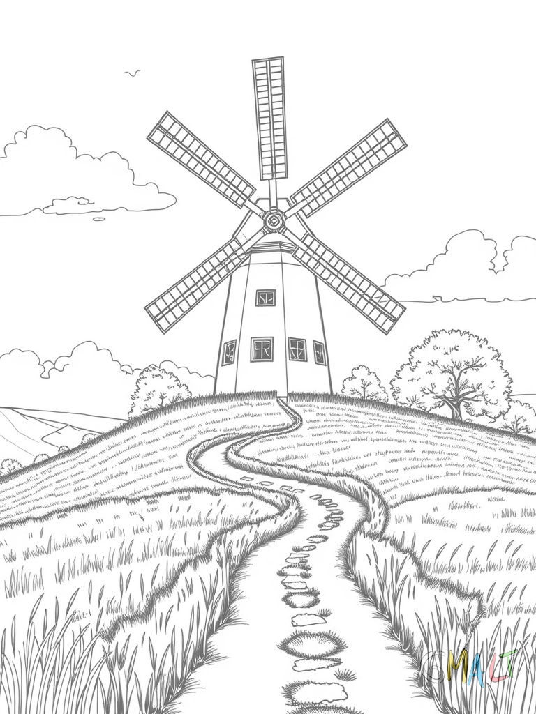 Eine große Windmühle thront auf einem Hügel umgeben von reifem Getreide. Die Mühlenflügel drehen sich im Wind. Der Weg zur Mühle schlängelt sich durch das Feld.