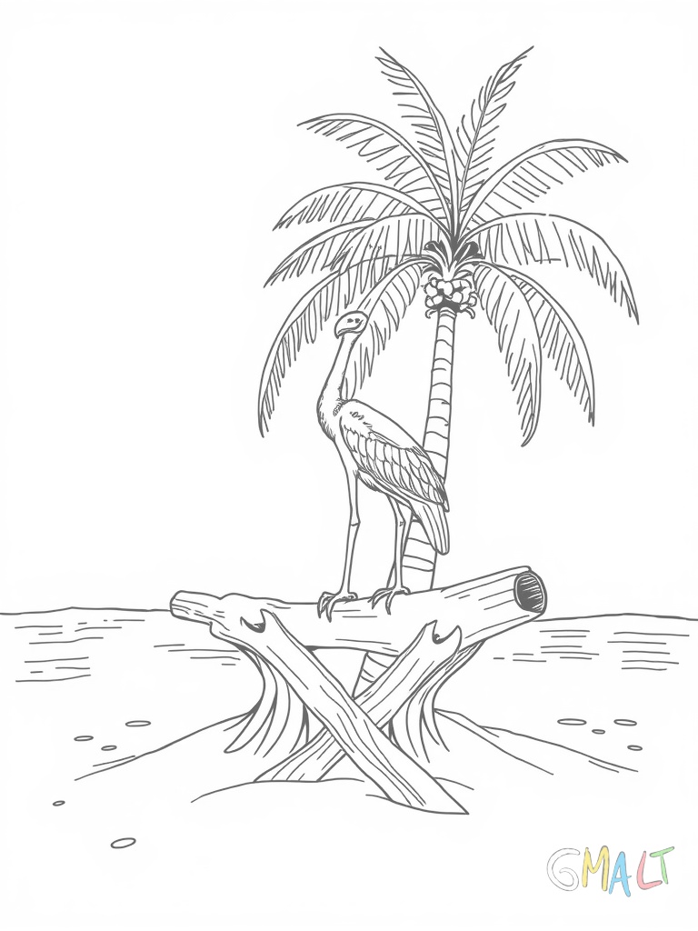 Eine Schatzinsel mit einer großen Schatztruhe unter einer Palme. Eine gerollte Schatzkarte liegt im Sand. Ein Papagei sitzt auf einem X-förmigen Holzschild das im Boden steckt.