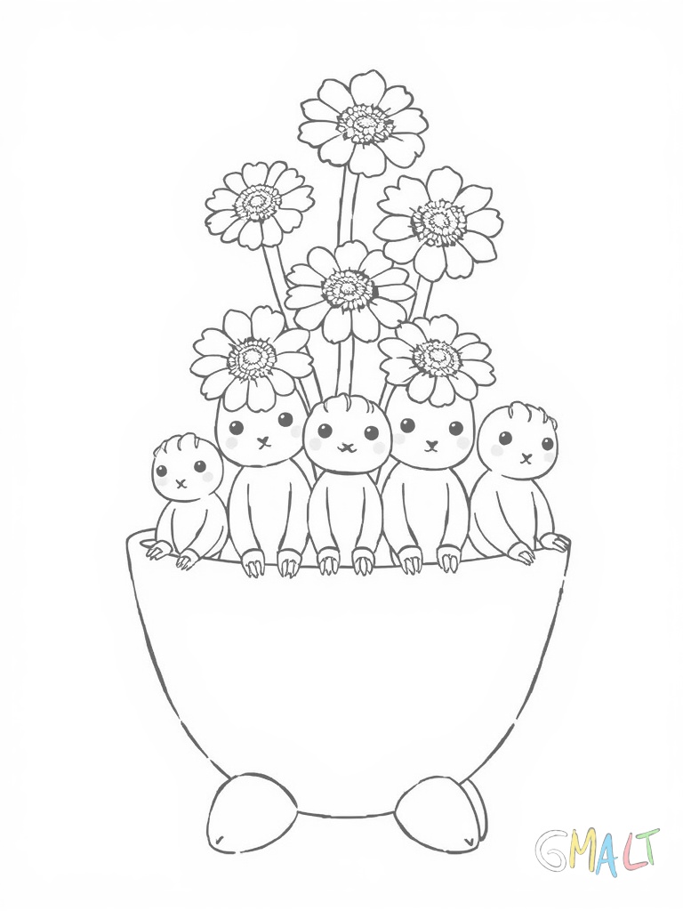 Fünf kleine runde Kakteen sitzen in einer Reihe in einem länglichen Pflanzkasten. Jeder Kaktus hat eine anders farbige Blüte auf dem Kopf. Der Kasten hat Füße.