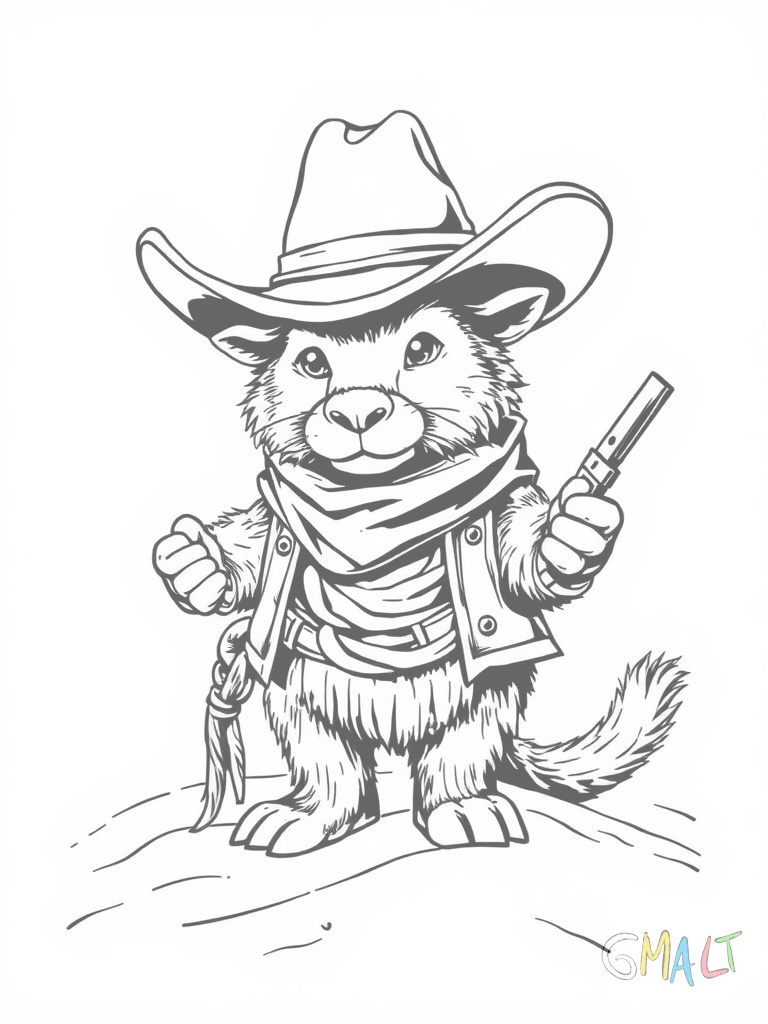 Ein kleiner Kaktus trägt eine Cowboy-Mütze und hat zwei Arme wie ein Cowboy. Neben ihm liegt ein Lasso aus Seil. Der Kaktus steht fest im Wüstensand.