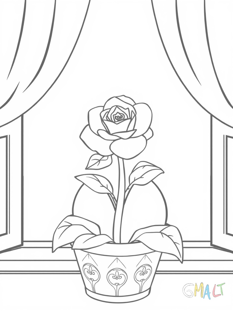 Ein runder kugeliger Kaktus sitzt in einem verzierten Tontopf auf einer Fensterbank. Oben trägt er eine hübsche rosa Blüte. Der Topf hat ein einfaches Wellenmuster am Rand.