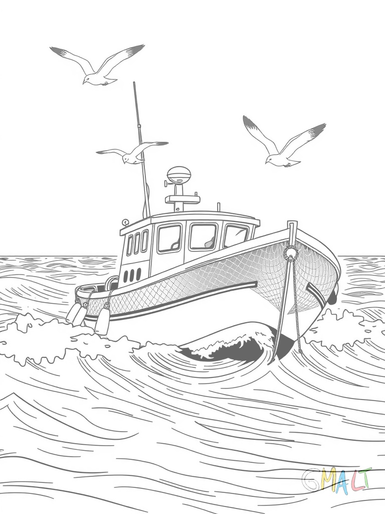 Ein Fischerboot schaukelt auf den Wellen. Möwen fliegen über dem Boot. Ein Fischernetz hängt über die Bordwand.