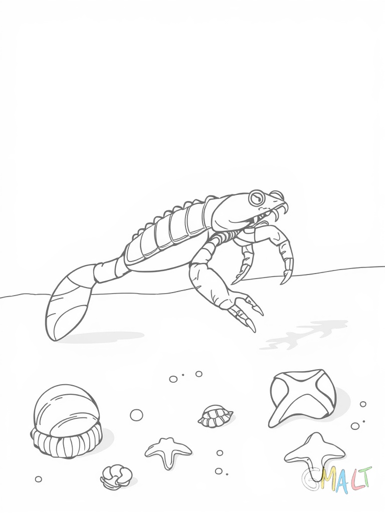 Ein Krebs läuft seitwärts über den Strand. Seine Scheren sind erhoben. Muscheln und Seesterne liegen im Sand verstreut.