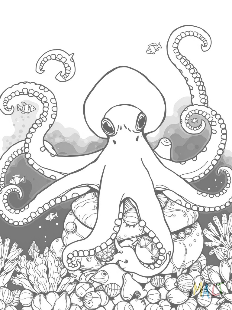 Ein Oktopus breitet seine acht Tentakel weit aus. Er sitzt auf einem versunkenen Schiffsanker. Kleine Fische schwimmen zwischen seinen Armen.