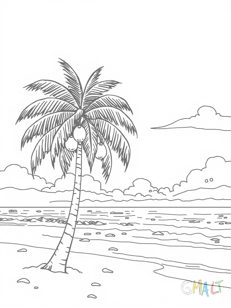 Eine Palme steht am Strand gebeugt im Wind. Kokosnüsse hängen an der Palme. Kleine Wellen rollen ans Ufer.