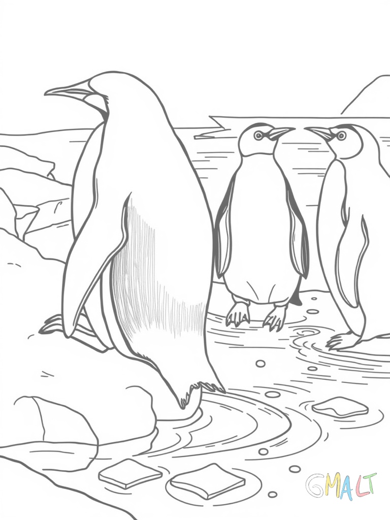 Ein Pinguin rutscht auf seinem Bauch über eine Eisscholle. Weitere Pinguine stehen am Rand und schauen zu. Im Wasser schwimmen kleine Eisstücke.