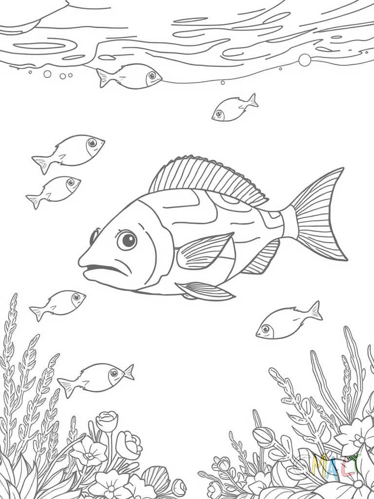 Eine Meeresschildkröte schwimmt elegant durchs Wasser. Um sie herum schweben mehrere kleine Fischschwärme. Seegras wiegt sich am Meeresboden.