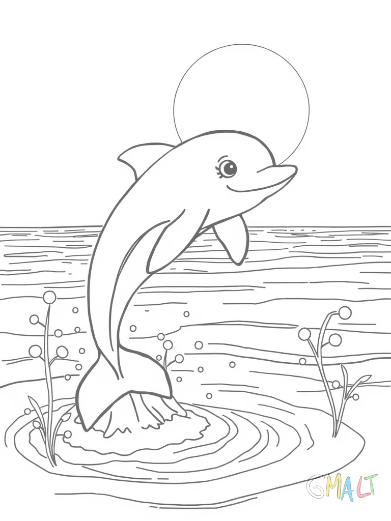 Ein fröhlicher Delfin springt in einem hohen Bogen aus dem Wasser. Kleine Wassertropfen spritzen in alle Richtungen. Im Hintergrund geht die Sonne als großer Kreis am Horizont unter.