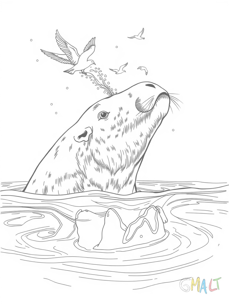 Ein Wal spritzt Wasser aus seinem Blasloch hoch in die Luft. Sein großer Schwanz ragt aus dem Wasser. Kleine Vögel fliegen über ihm.
