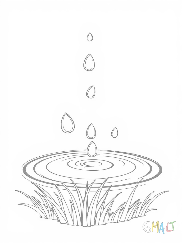 Drei Regentropfen fallen in eine kleine Pfütze. Auf der Wasseroberfläche bilden sich Wellenringe. Daneben steht ein Grashalm.