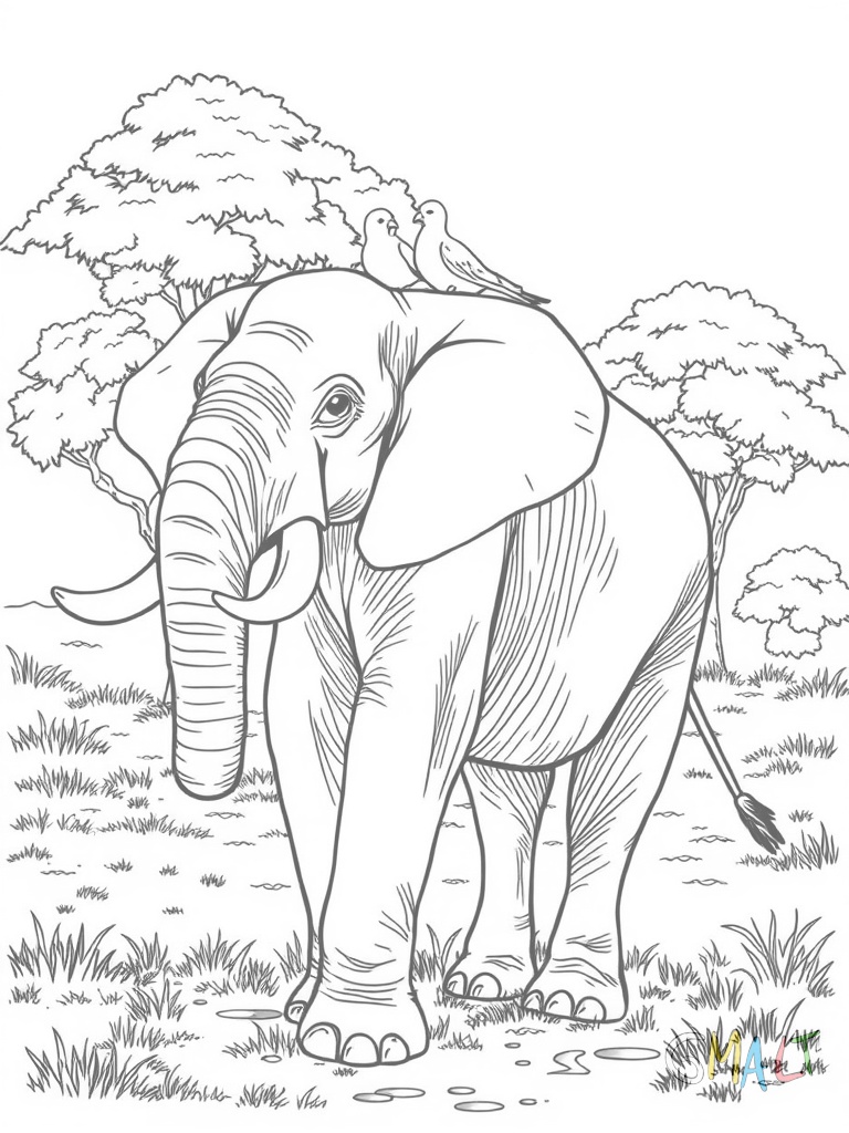 Ein großer Elefant steht seitlich im Bild und spritzt mit seinem Rüssel Wasser in die Luft. Im Hintergrund sind zwei Akazienbäume zu sehen. Kleine Vögel sitzen auf dem Rücken des Elefanten.