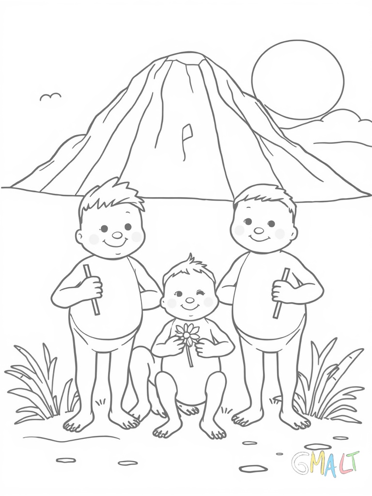 Eine Gruppe Erdmännchen steht aufrecht nebeneinander und hält Wache. Das kleinste Erdmännchen sitzt vorne und hält eine kleine Blume. Ein großer Termitenhügel ist im Hintergrund zu sehen.