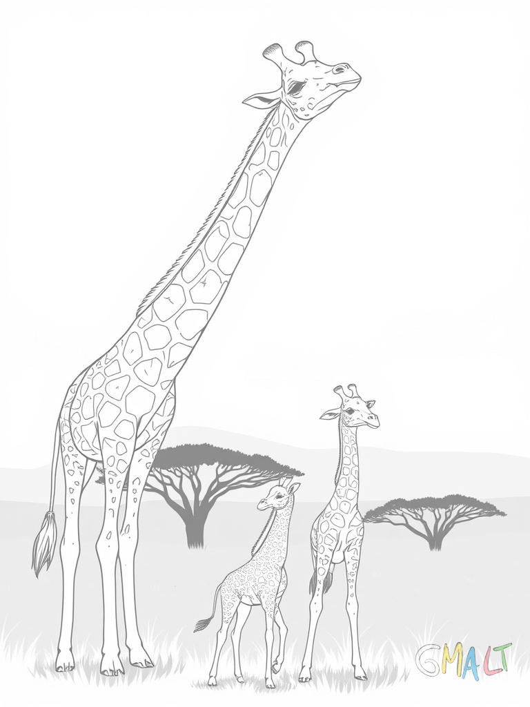 Eine Giraffe streckt ihren langen Hals nach oben um die Blätter eines hohen Baumes zu erreichen. Neben ihr steht ein kleines Giraffenbaby das zu seiner Mutter aufschaut. Die Savanne erstreckt sich bis zum Horizont.