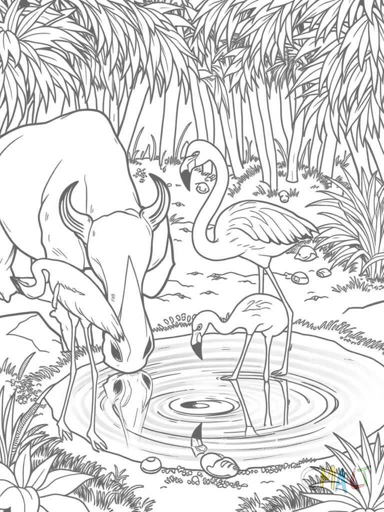 Ein Nashorn und ihr Junges trinken gemeinsam an einem kleinen Wasserloch. Ein Flamingo steht auf einem Bein daneben. Hohe Gräser umrahmen das Wasserloch.