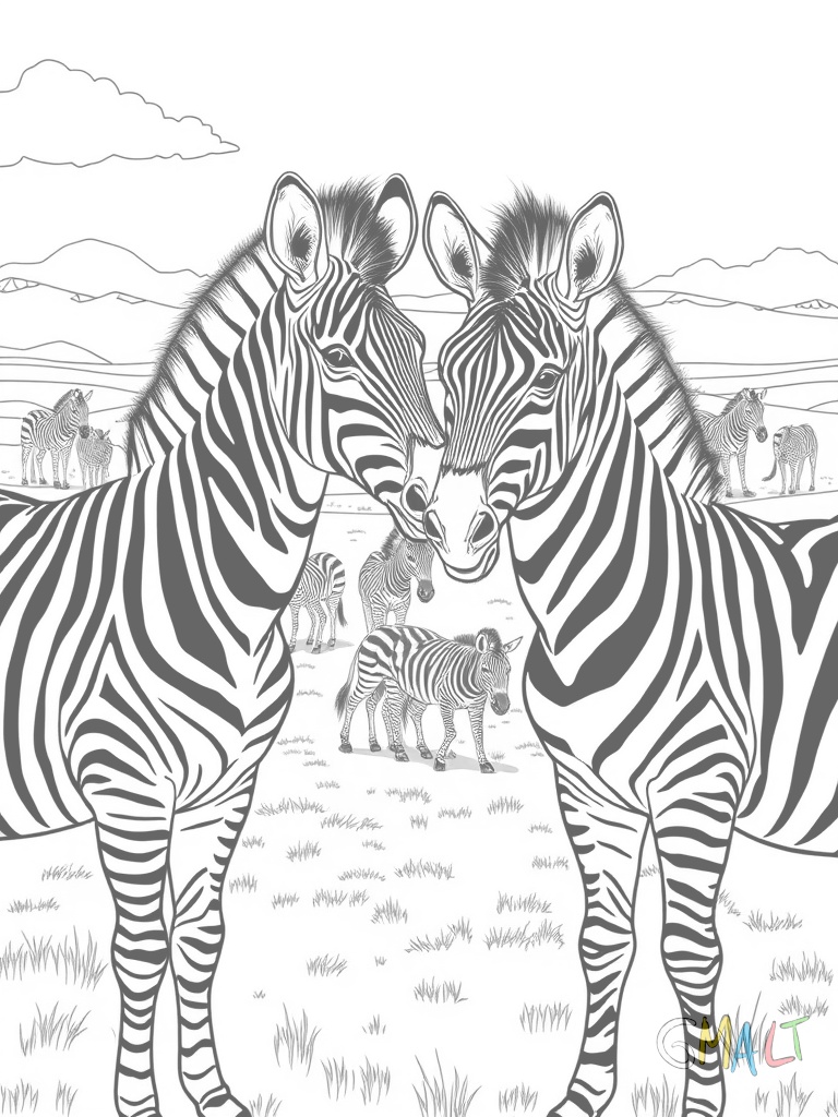 Zwei Zebras stehen sich gegenüber und berühren liebevoll ihre Köpfe. Im Hintergrund grasen weitere Zebras friedlich in der weiten Savanne. Ein paar vereinzelte Büsche säumen die Szene.