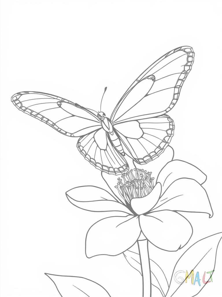 Ein großer Schmetterling sitzt auf einer Blüte. Seine Flügel sind weit ausgebreitet und zeigen ein einfaches Muster. Die Blume hat 5 Blütenblätter und einen langen Stiel mit zwei Blättern.