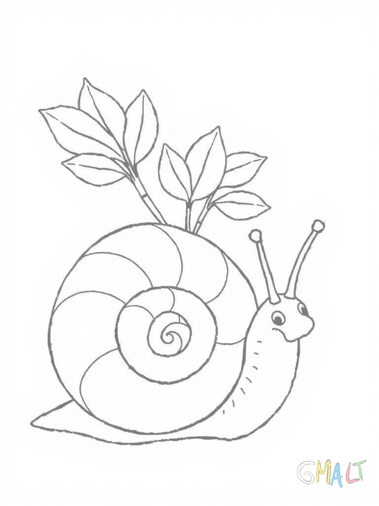 Eine Schnecke kriecht einen Ast hinauf. Ihr Schneckenhaus ist spiralförmig. Am Ast wachsen drei kleine Blätter in verschiedene Richtungen.