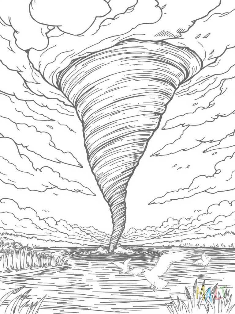 Der Tornado zieht über einen See. Wasserfontänen werden spiralförmig nach oben gezogen. Am Ufer biegen sich Schilf und Sträucher im starken Wind. Drei wilde Enten fliegen eilig davon.