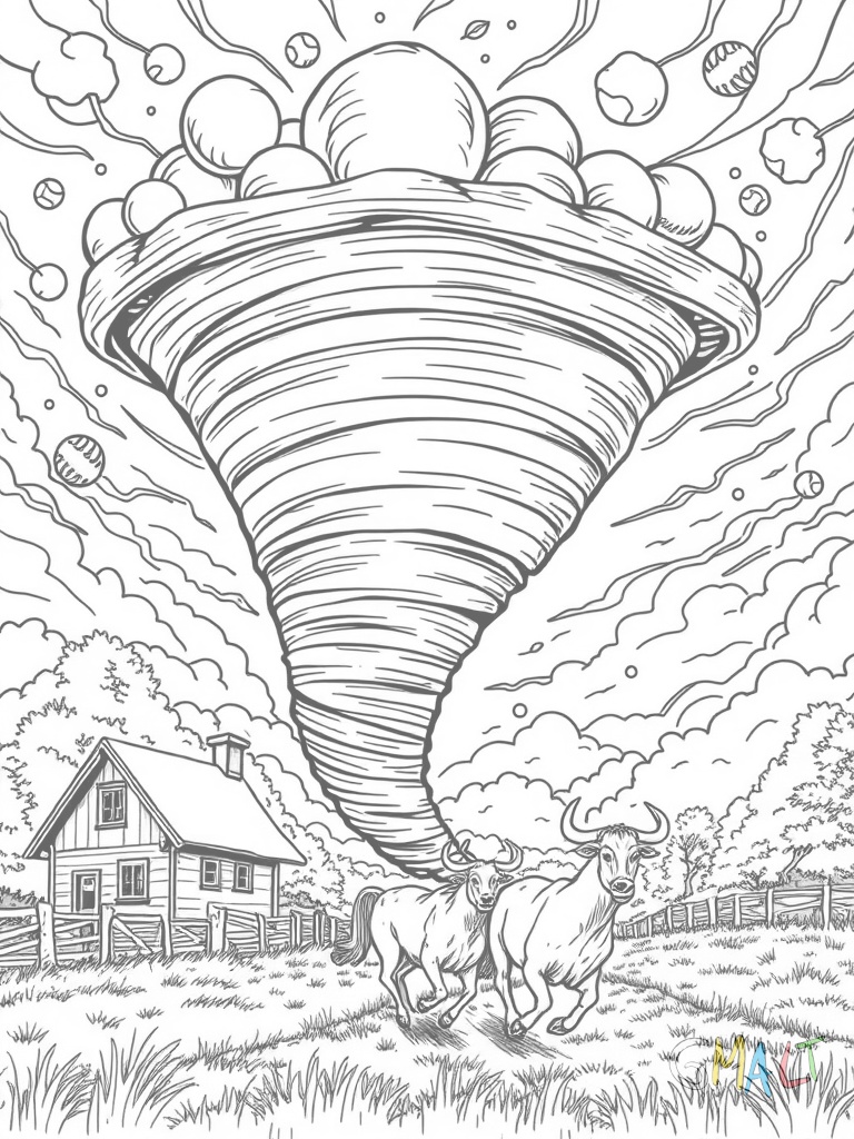 Ein mächtiger Tornado nähert sich einem kleinen Bauernhof. Strohballen und Holzbretter werden nach oben gesogen. Ein Wetterhahn dreht sich wild im Wind. Zwei erschrockene Hühner rennen im Vordergrund weg.