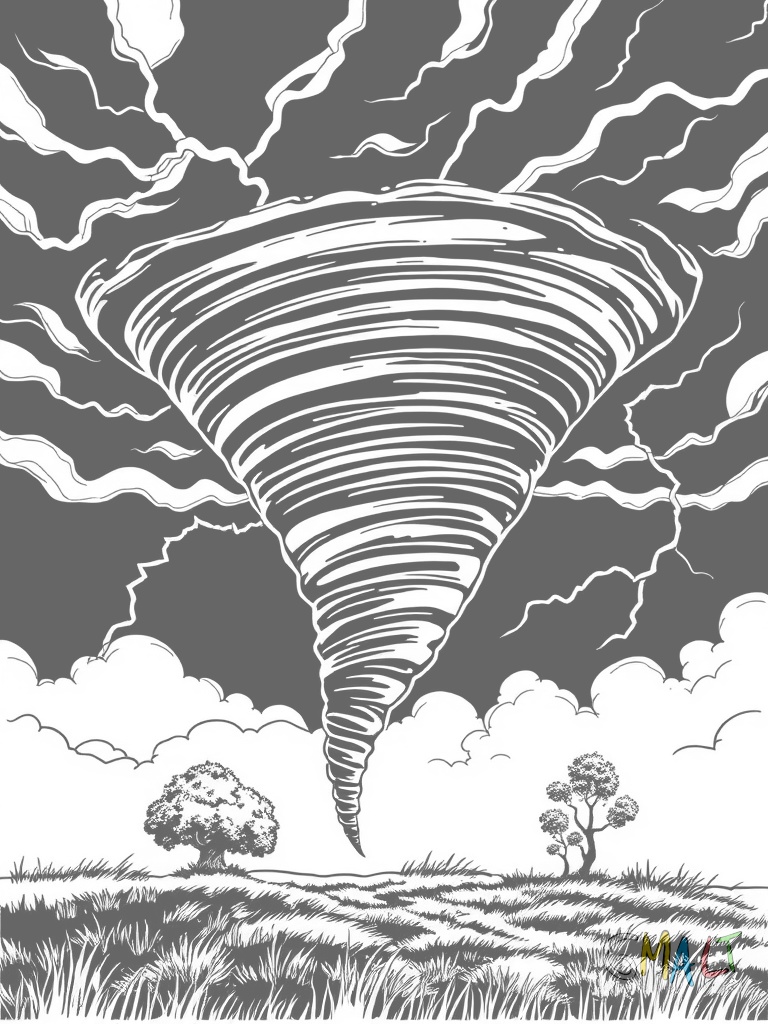 Ein Tornado formt sich gerade aus einer tiefen schwarzen Wolke. Der Wolkentrichter reicht bis zum Boden. Blitze zucken um den Tornado herum. Vorne duckt sich ein einzelner Baum im Wind.