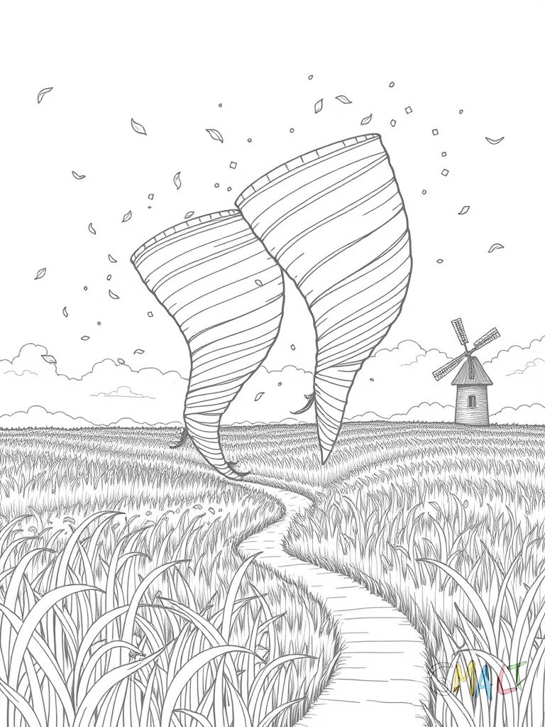 Zwei Tornados tanzen nebeneinander über einem Kornfeld. Getreidehalme und Blätter werden hochgewirbelt. Ein kleiner Feldweg schlängelt sich durch die Szene. Im Hintergrund steht eine alte Windmühle.