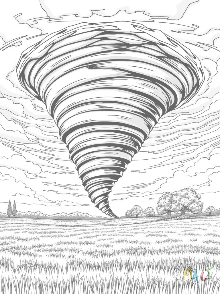 Ein gewaltiger Tornado wirbelt über eine weite Wiese. Mehrere entwurzelte Bäume schweben in der Luftspirale. Im Vordergrund stehen noch drei stabile Eichen mit wehenden Ästen. Am Horizont sind dunkle Gewitterwolken zu sehen.