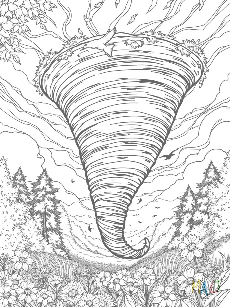 Ein gigantischer Tornado zieht an einem Waldrand vorbei. Äste und Blätter kreisen in der Luft. Ein Schwarm Vögel flieht in die entgegengesetzte Richtung. Im Vordergrund wachsen wilde Blumen.