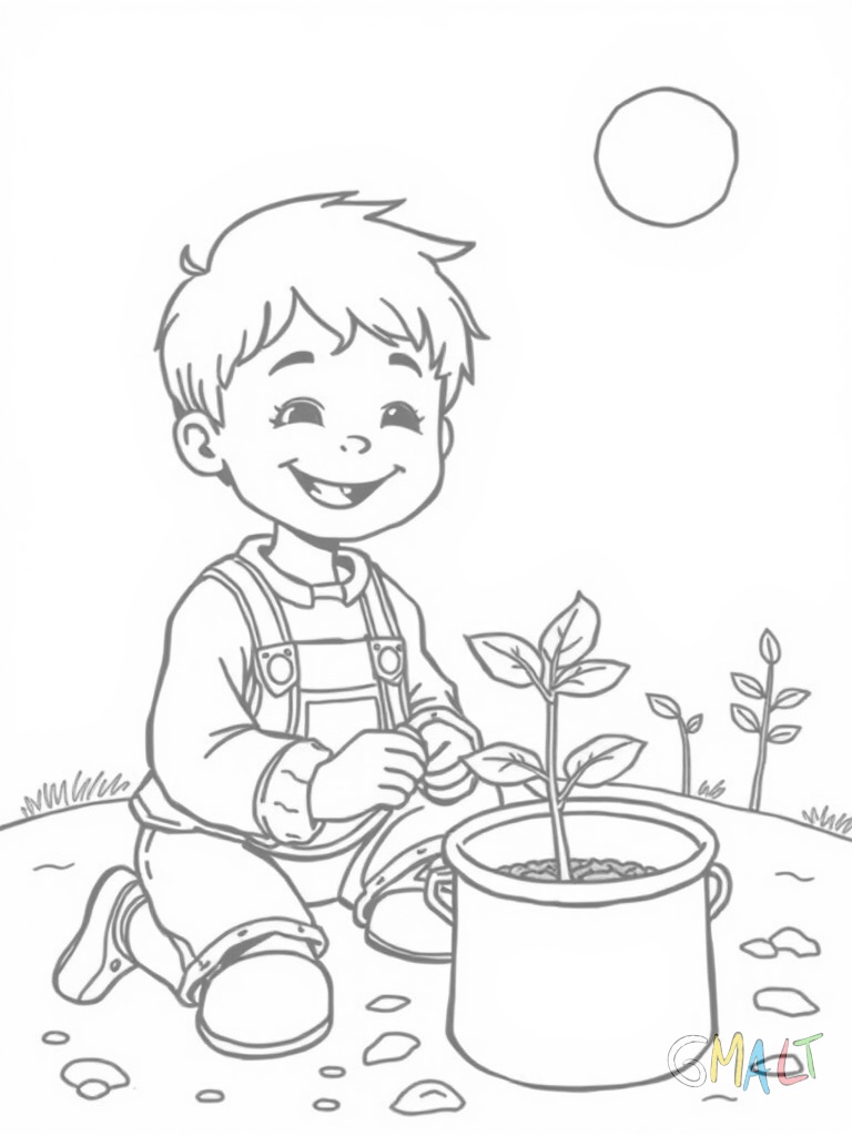Ein fröhliches Kind pflanzt einen kleinen Baumsetzling in die Erde. Neben dem Kind steht eine Gießkanne. Im Hintergrund sind bereits drei junge Bäume zu sehen. Die Sonne scheint von oben links.